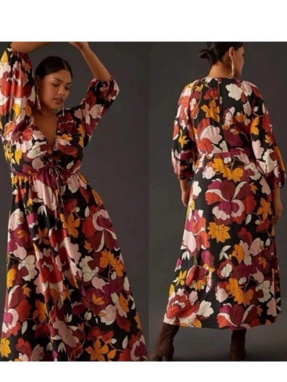 Anthropologie Black Floral Maxi Dress with Pink, Orange & Yellow Blooms